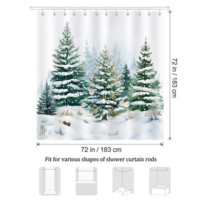 Bonhause Winter Christmas Shower Curtain, Snowy Forest Pine Tree Snow Landscape Bathroom Decor 72 x 72 Inch Polyester Fabric Waterproof Bath Curtain with 12 Hooks