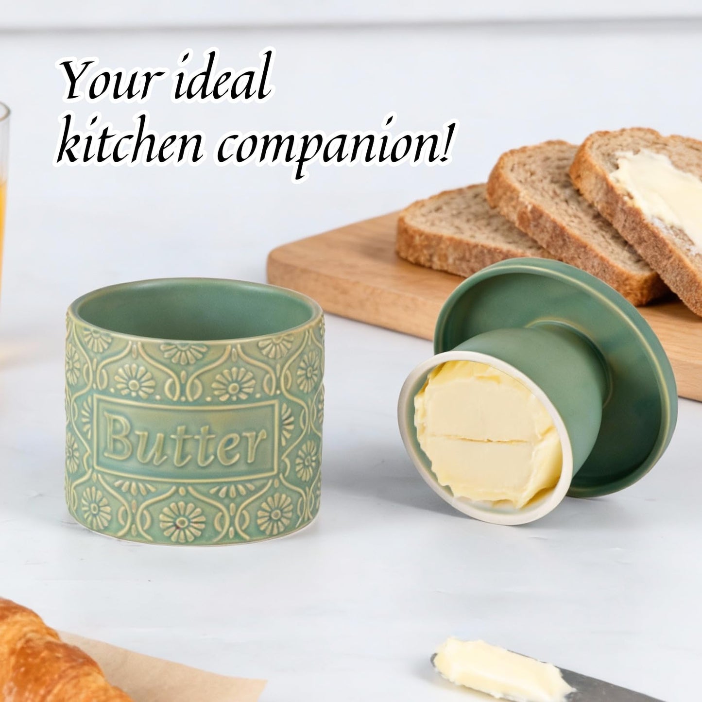 KAMMAK Butter Crock with Lid - Ceramic Butter Keeper for Countertop, Soft Spreadable Butter Dish with Water Line, Housewarming Gifts, Kitchen and Home Decor, Kiln-Changed Green - 6.7oz