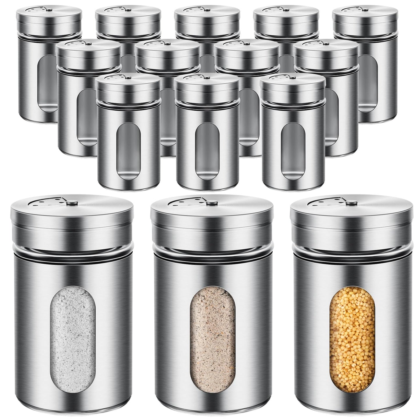 Dandat 12 Pcs Salt and Pepper Shakers Stainless Steel Spice Shakers with Adjustable Pour Holes and Glass Window 3.4oz Salt Dispenser Spice Jars with Rotating Lids for Sugar Seasoning Home