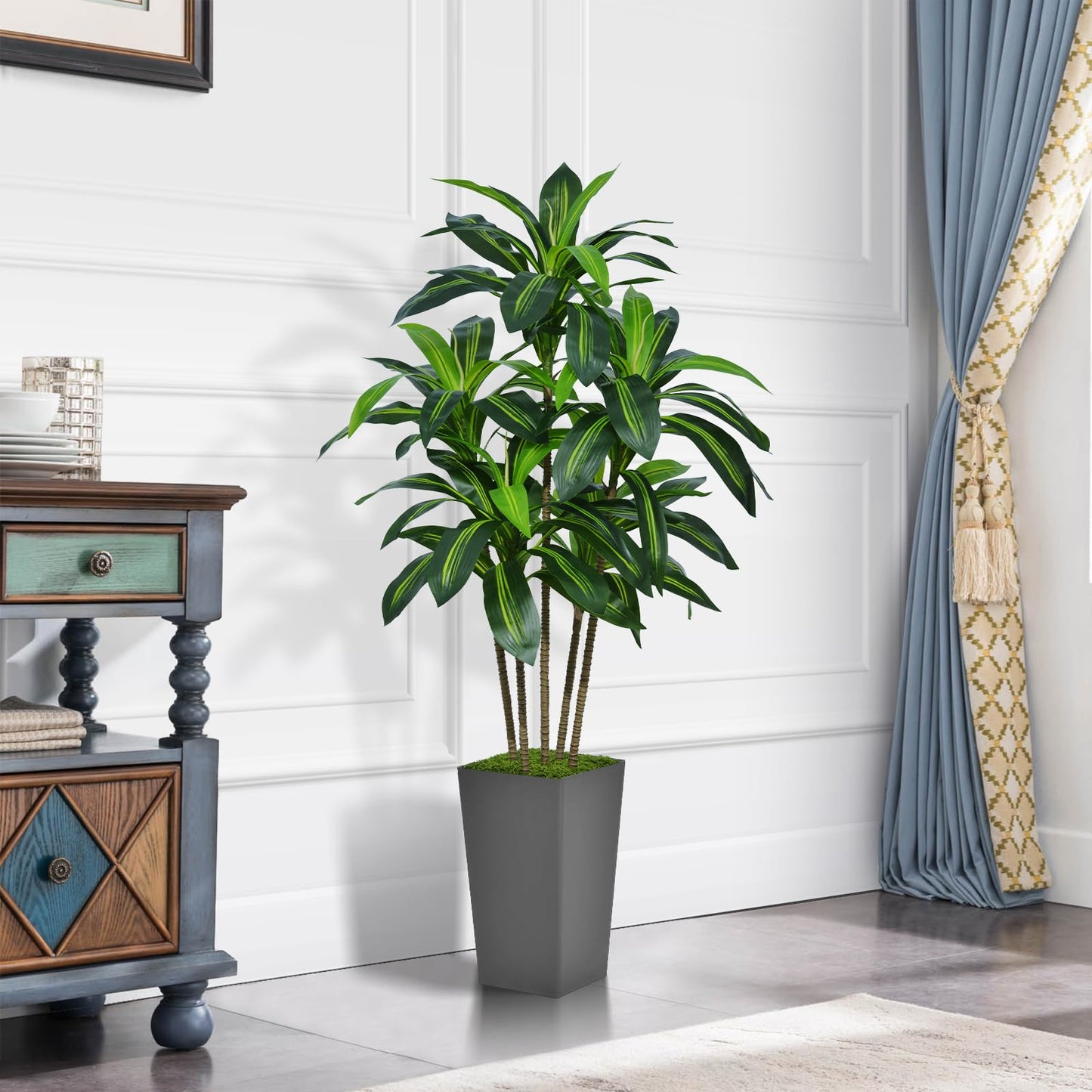 ASTIDY Artificial Dracaena Tree 5FT - Faux Tree with Gray Tall Planter - Fake Tropical Yucca Floor Plant in Pot - Artificial Silk Tree for Home Office Living Room Decor Indoor