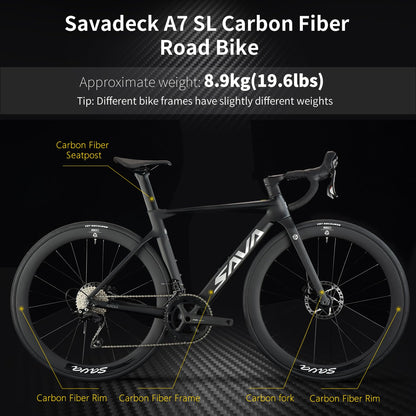 SAVADECK A7L Carbon Road Bike, T800 Carbon Fiber Frame 700C Racing Bicycle with Shimano 105 R7100 24 Speed Groupset and Hydraulic Disc Brake, Ultra-Light Carbon Bike for Man and Women(Black,47cm)