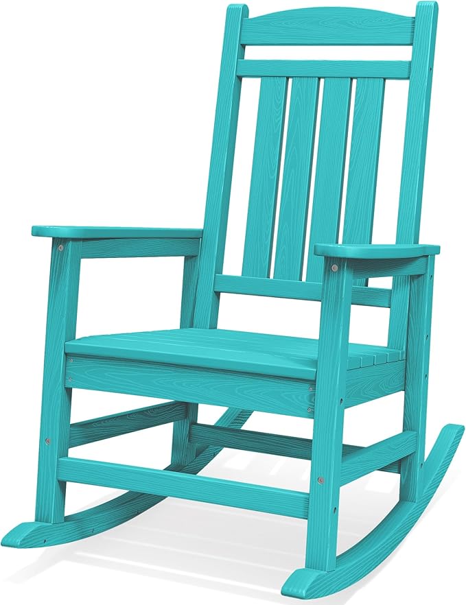 SERWALL Oversized Outdoor Rocking Chair, All-Weather Patio Rocking Chair, HDPE Porch Rocker for Adults, Aruba Blue