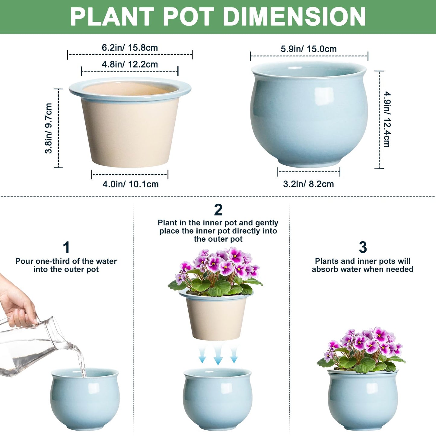 Teagas Ceramic African Violet Pots for Indoor Plants, 6 Inch Self Watering Planters with Absorbent Inner Pot, Self Watering Plant Pot, Ceramic Flower Pots, Desk Decor, Housewarming Gifts, Light Blue