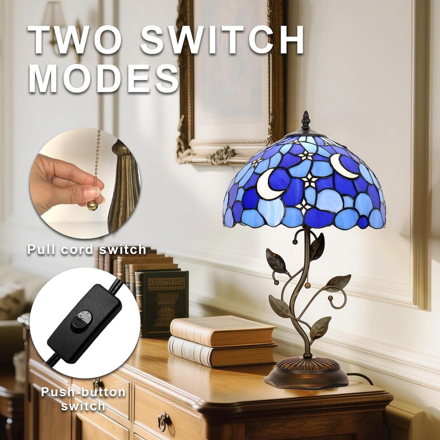 TFNTCYG Tiffany Style Table Lamp,Stained Glass Moon Table Lamp,12X12X19 Inch Reading Light, Metal Leaf Base Antique Glass Desk Decor Lamp.