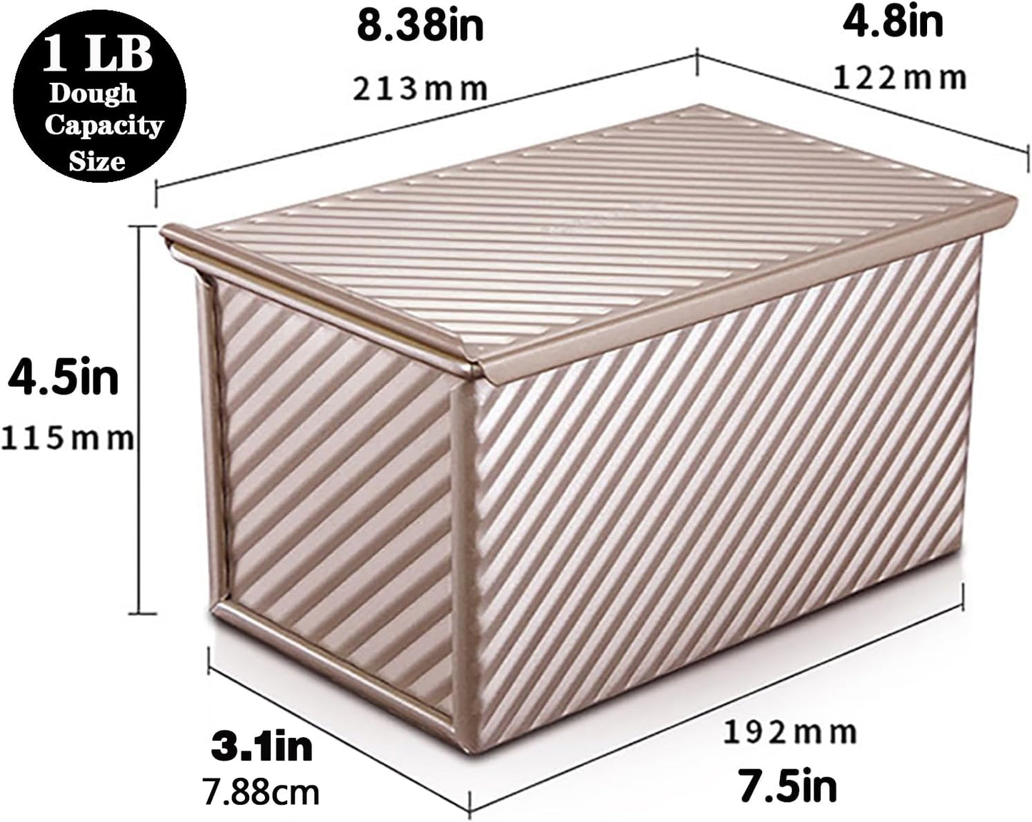 Pullman Loaf Pan with Lid, Non-Stick Bakeware Golden Corrugated Carbon Steel Bread Toast Box Mold with Cover for Baking Bread, 1 lb Dough Capacity