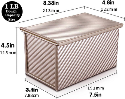 Pullman Loaf Pan with Lid, Non-Stick Bakeware Golden Corrugated Carbon Steel Bread Toast Box Mold with Cover for Baking Bread, 1 lb Dough Capacity