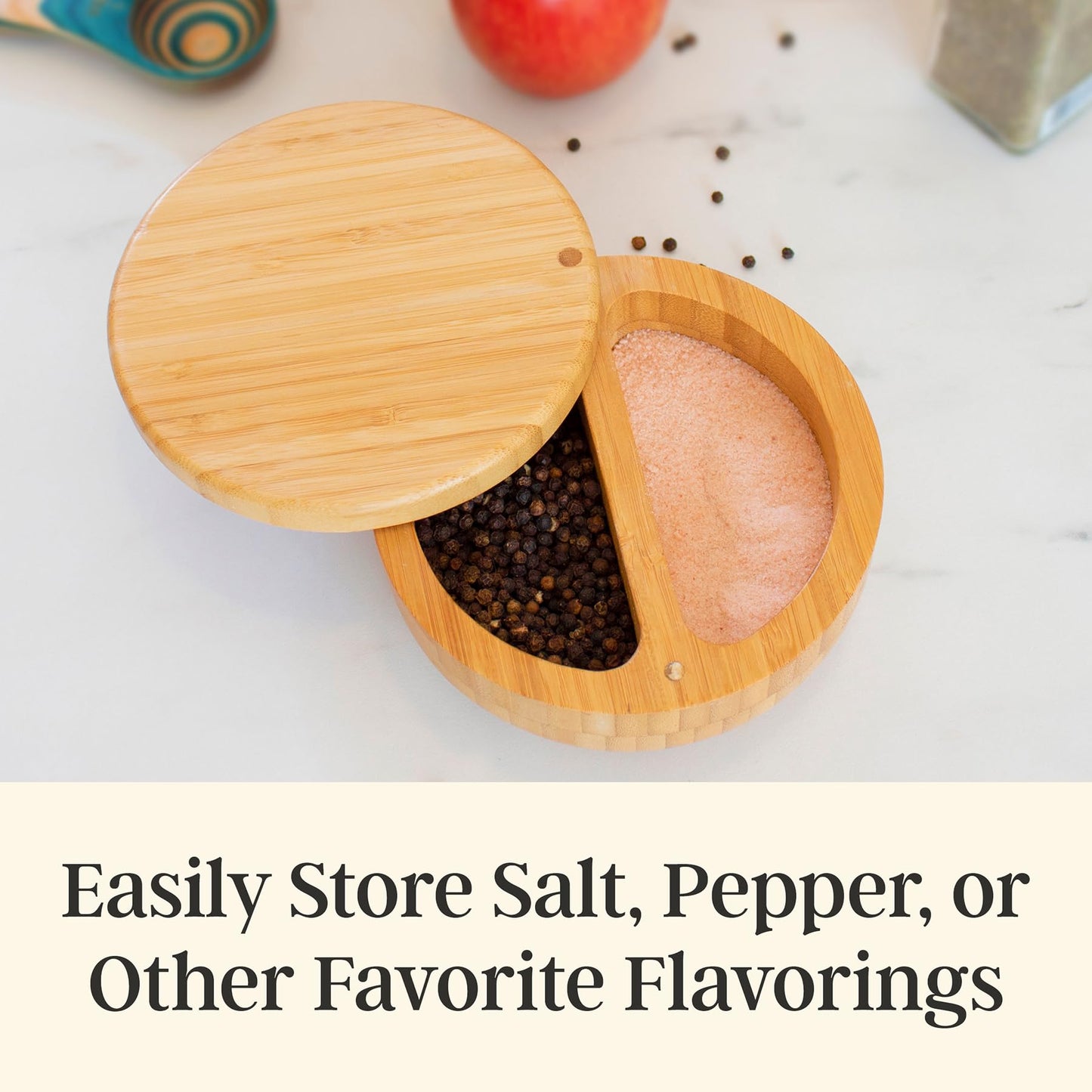 Totally Bamboo Salt Keeper Duet, Salt and Pepper Container with Dual Compartments, Bamboo Spice Cellar with Magnetic Swivel Lid, Countertop Bowls for Seasonings