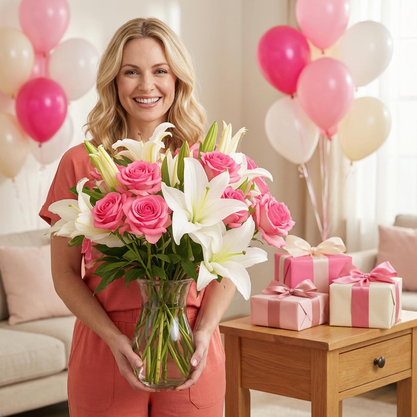 Benchmark Bouquets - Oriental Lily Flower & Pink Roses Bouquet - Fresh Flowers for Delivery - Real Flowers in a Vase - Gift Set for Mom - Mothers Day Gifts - Long Stem Roses (Glass Vase Included)