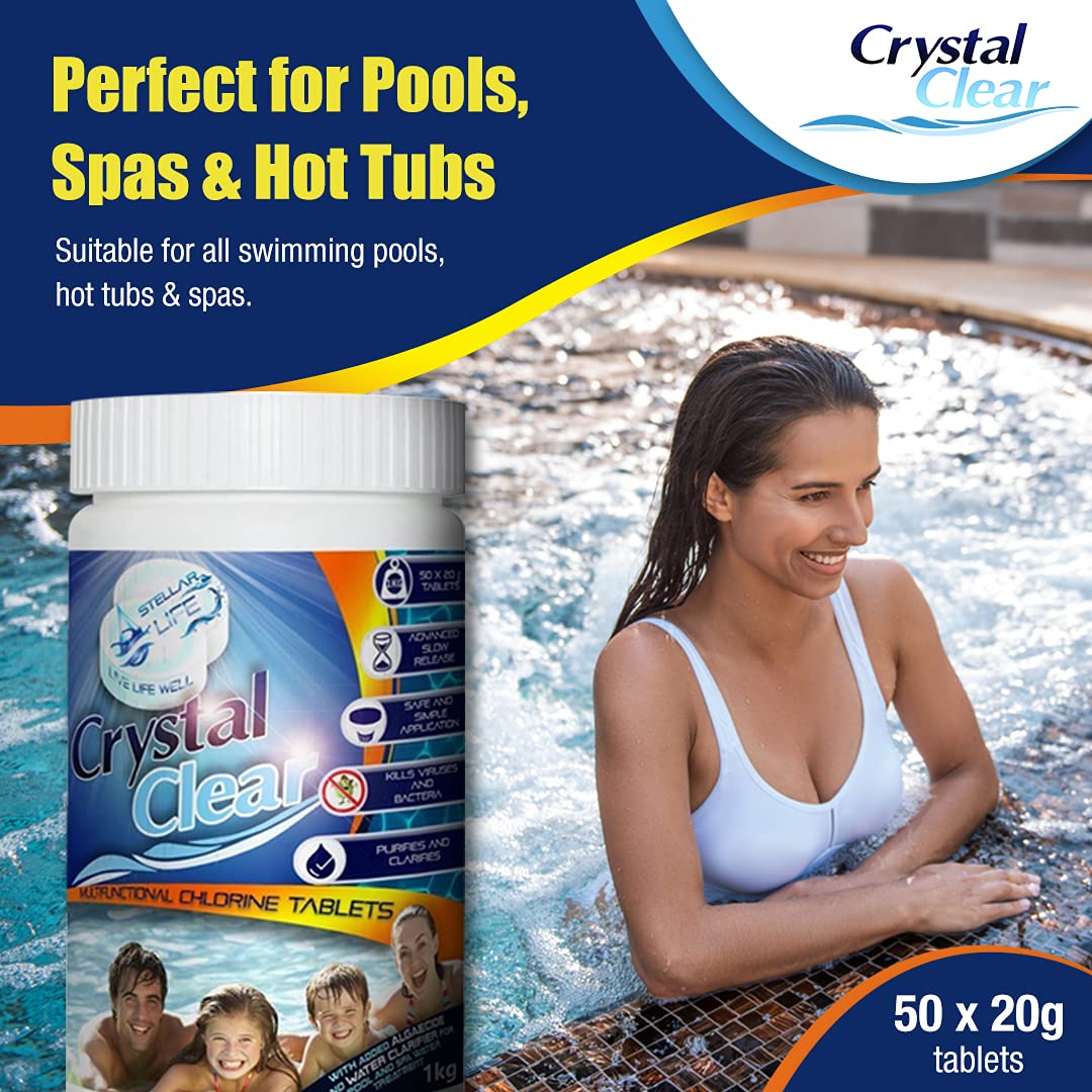 CRYSTAL CLEAR 4in1 Multifunction Chlorine Tablets for Hot Tubs, Spa, Swimming Pools. 1kg 50 x 20g Spas Paddling Pool Hot Tub Chlorine Tablets