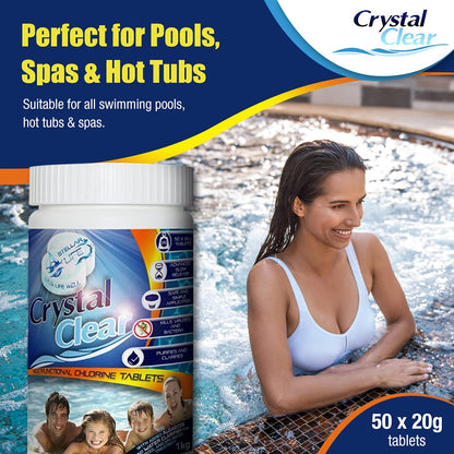 CRYSTAL CLEAR 4in1 Multifunction Chlorine Tablets for Hot Tubs, Spa, Swimming Pools. 1kg 50 x 20g Spas Paddling Pool Hot Tub Chlorine Tablets