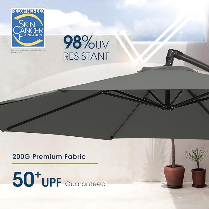 wikiwiki 10ft Patio Umbrella with Base Included, Outdoor Offset Cantilever Umbrella with Sandbag Base for Backyard, Garden and Pool, Easy to Tilt and Crank, Dark Gray