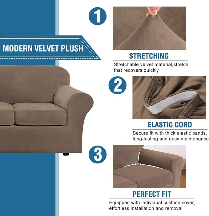 H.VERSAILTEX Modern Velvet Plush 4 Piece High Stretch Sofa Slipcover Furniture