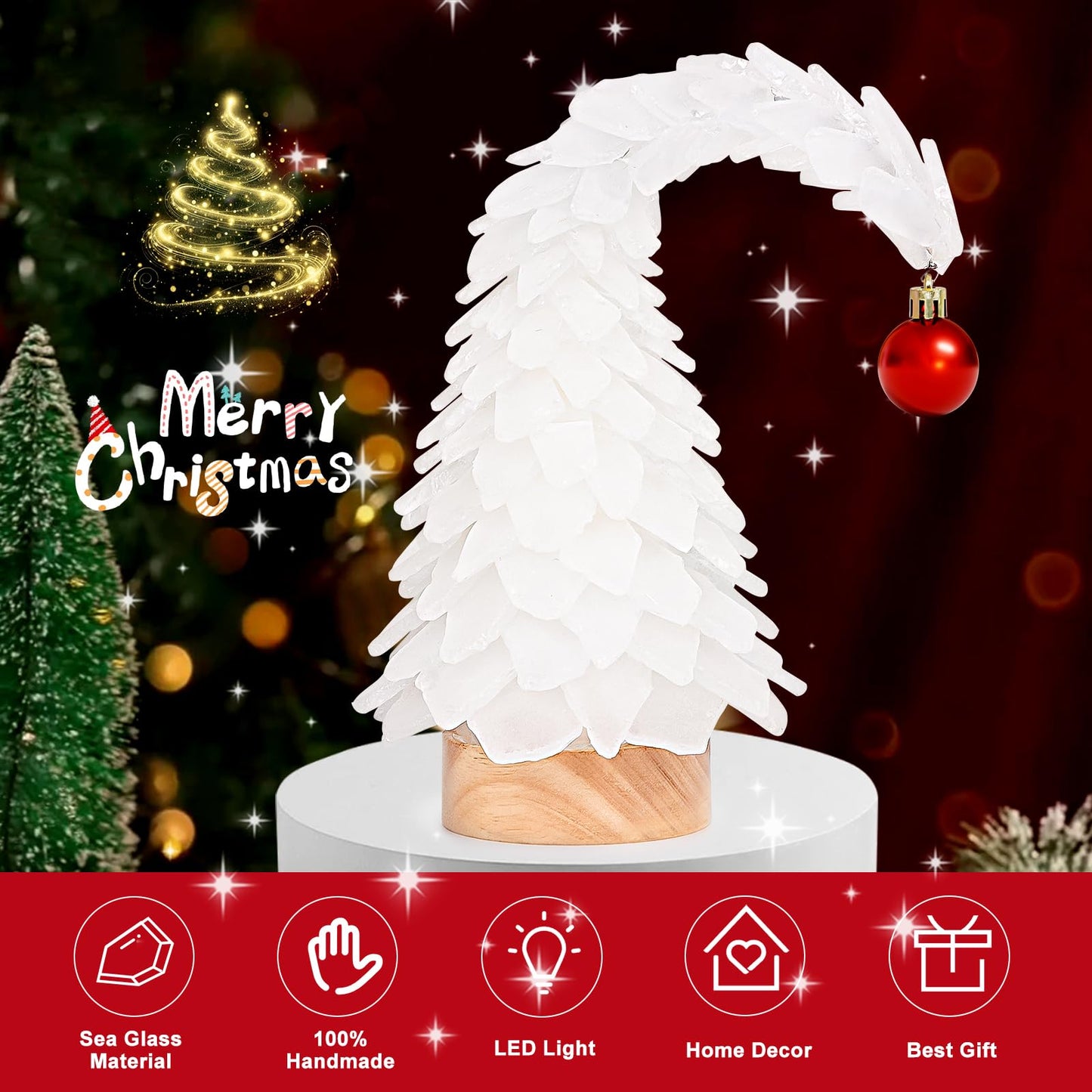 Crooked White Sea Glass Christmas Tree with LED Lights - Handcrafted Whimsical Mini Christmas Tree, Ideal for Christmas, New Year, Coastal Holiday Decor & Gifts, Versatile Home Decor