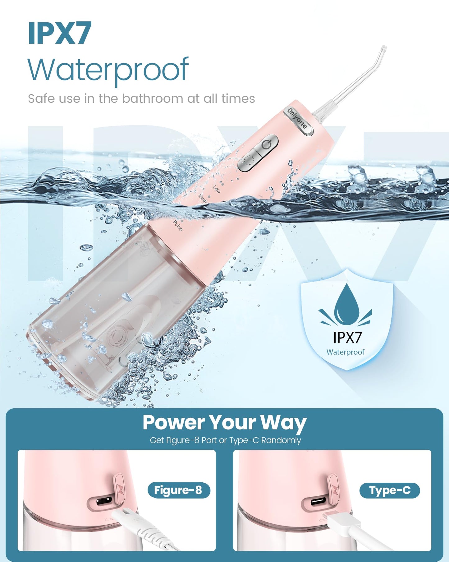 Onlyone Water Dental Flosser, 300ML Portable Oral Irrigator for Teeth, 4 Modes and 5 Jet Tips,Rechargeable Irrigation Cleaner,Electric Flossing Machine Power Flossers & Irrigator Accessories White