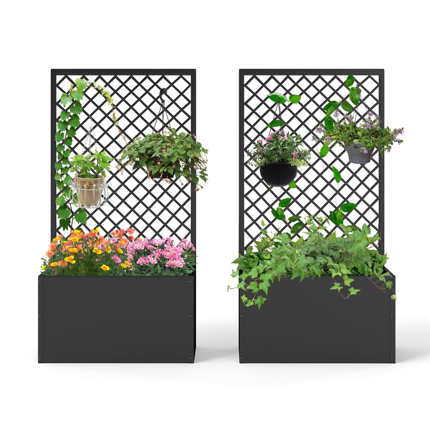kinbor Planter with Trellis - Set of 2 Planter Boxes Outdoor, Metal Raised Garden Bed with Lattice Trellis for Climbing Plants, Black Flower Boxes Outdoor