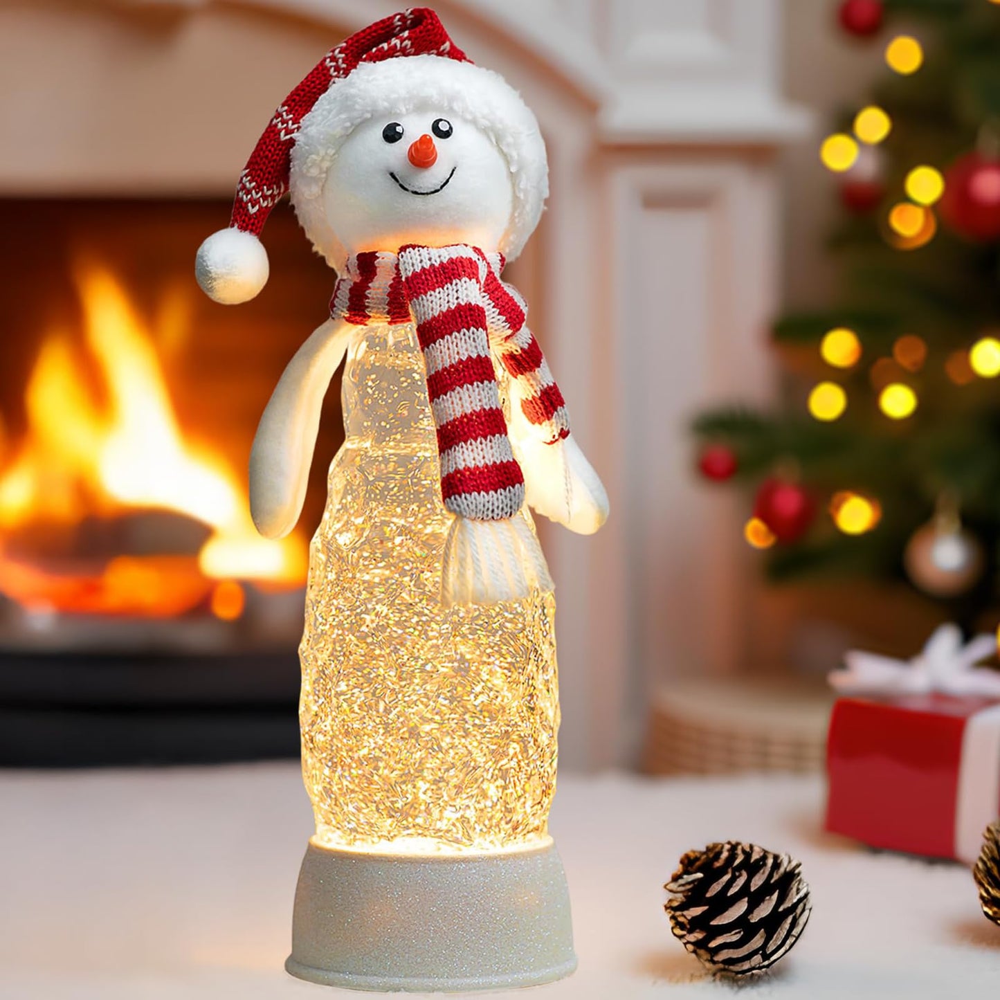Christmas Snowman Snow Globes Lantern Musical Lighted Water Lantern Snow Globe Swirling Glitter Snowglobes with 6H Timer USB Operated Snowglobe Christmas Decoration for Home & Gift- Red Hat