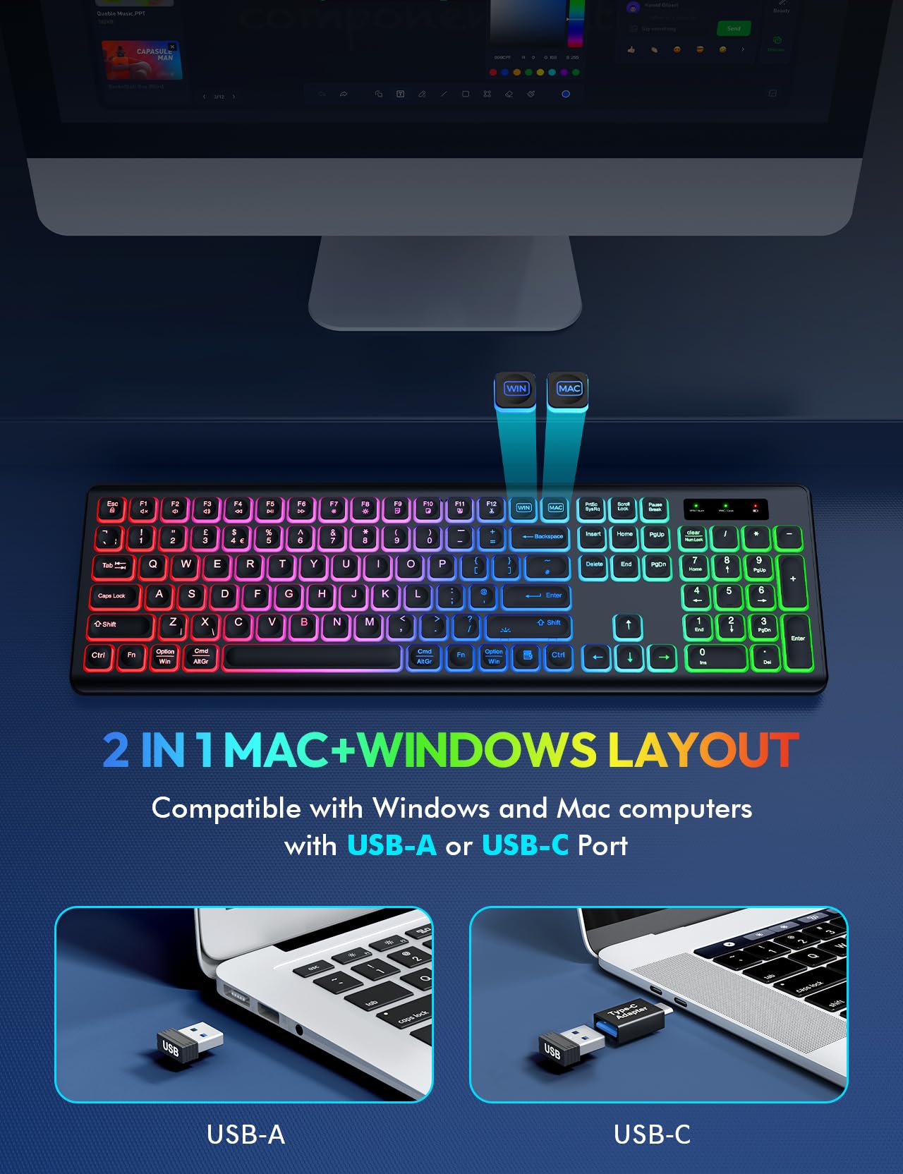 Wireless Keyboard and Mouse Backlight, USB-C Rechargeable & Light Up Keys, Full-size & Tilt Legs, Sleep Mode, 2.4GHz Silent Cordless Keyboard Mouse Combo for Mac OS/Windows/PC/Laptop- Black/QWERTY