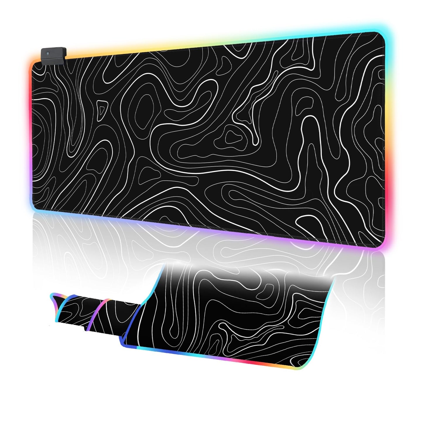 UJoowalk RGB Gaming Mouse Pad, Topographic Large, LED XL Keyboard and Mouse Pad, Desk Mat, 31.5 x 11.8 in, Black Minimalist Line Desk Pad