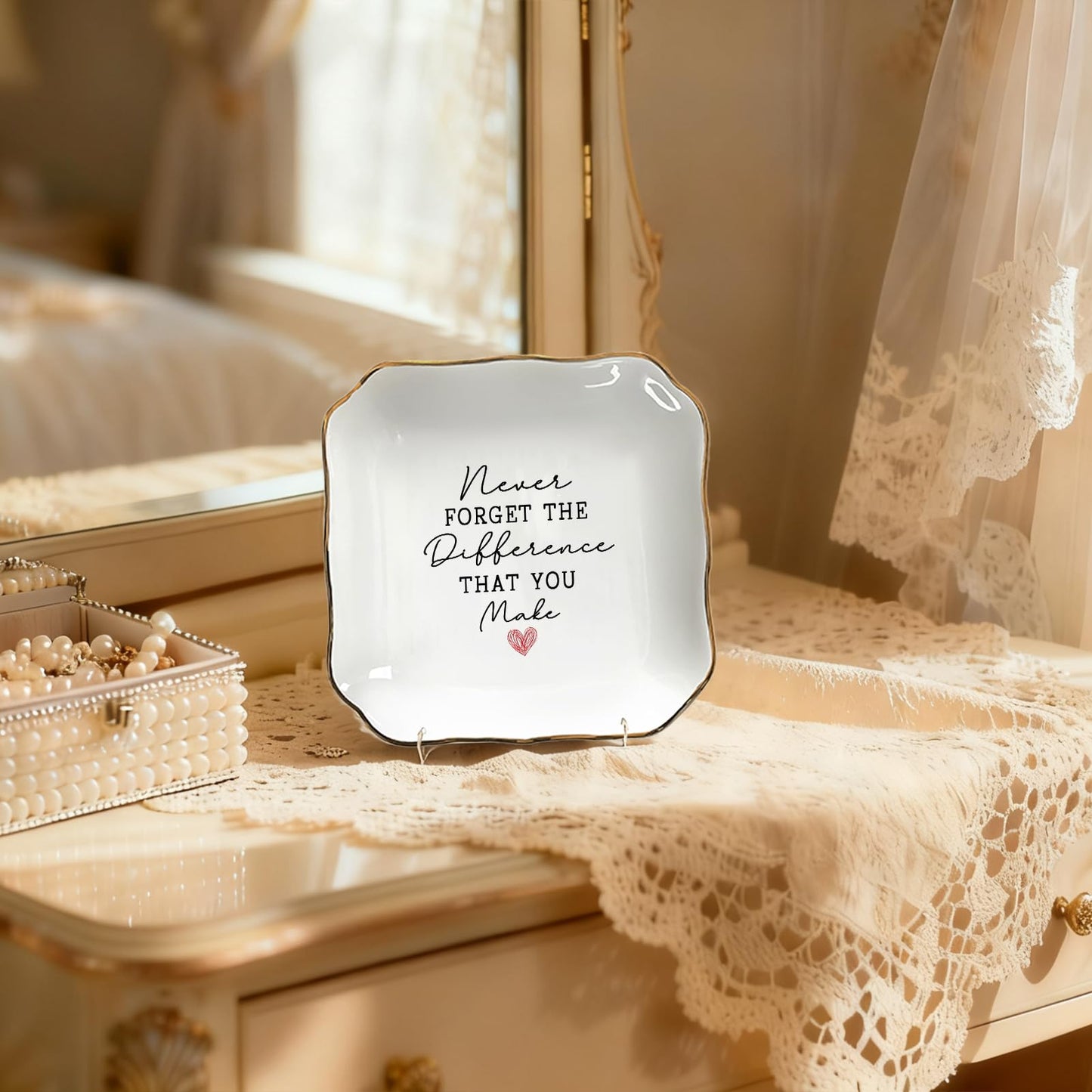 Never Forget the Difference You Make Jewelry Dish – Ceramic Ring Dish Tray for Teacher Appreciation Gifts, Thank You Gifts for Women, Inspirational Trinket Tray Home Decor