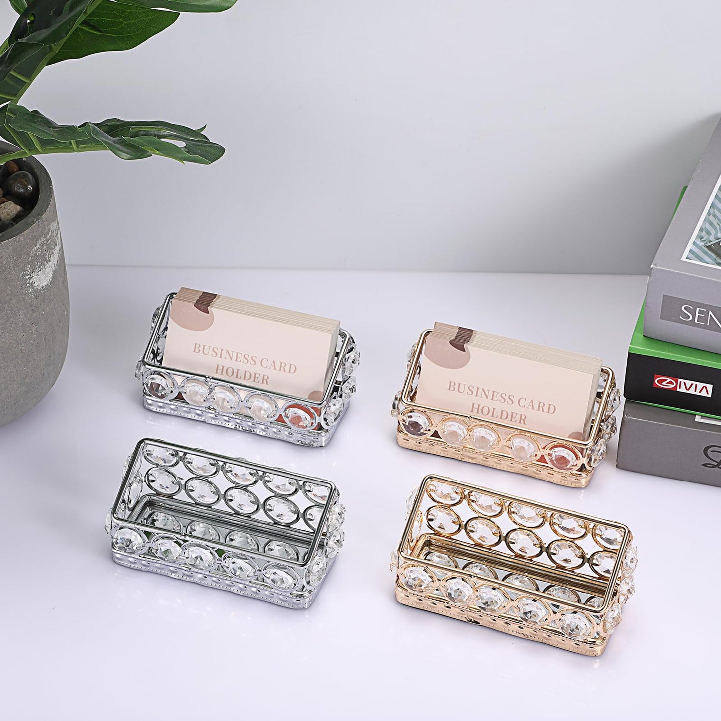 Hipiwe 2 Packs Crystal Business Card Holder Gold Metal Business Card Display Holder for Desk Bling Office Desktop Business Card Storage Organizer with Mirror Base