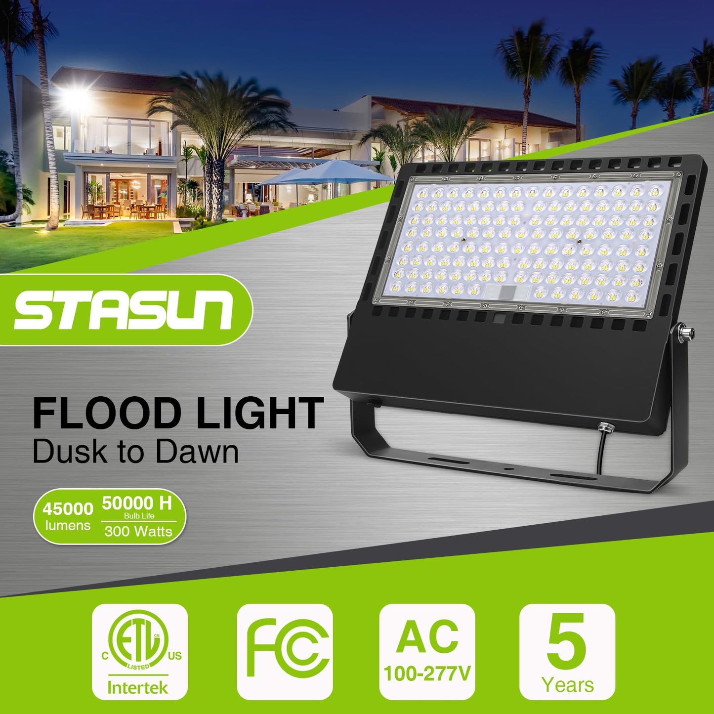 STASUN 300W 45000LM Dusk to Dawn LED Flood Light Outdoor Photocell - Flying Series Ultra, ETL Certified 5000K Daylight White, IP67 Waterproof Stadium Lights for Sports Court, Commercial, Parking Lot