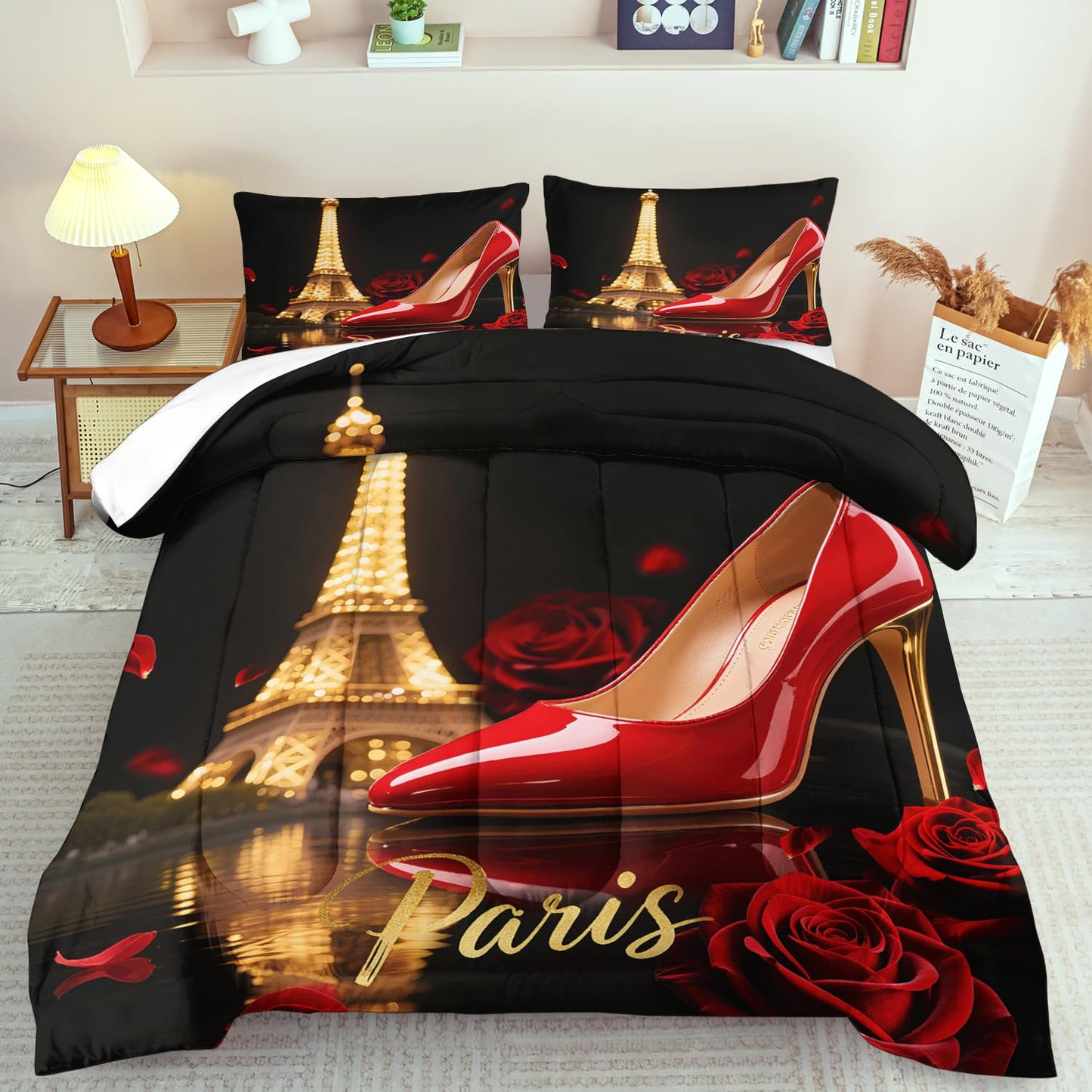 llyxsesty Paris Comforter Set King Women Eiffel Tower Bedding Set for Girls Red High Heels Comforter King Women Quilt Romantic Bedroom Decor Paris Bedding Rose Bed Decor