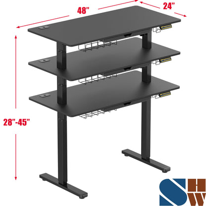 SHW 48-Inch Electric Height Adjustable Standing Desk with Drawer, Memory Preset and Cable Management Tray, Black