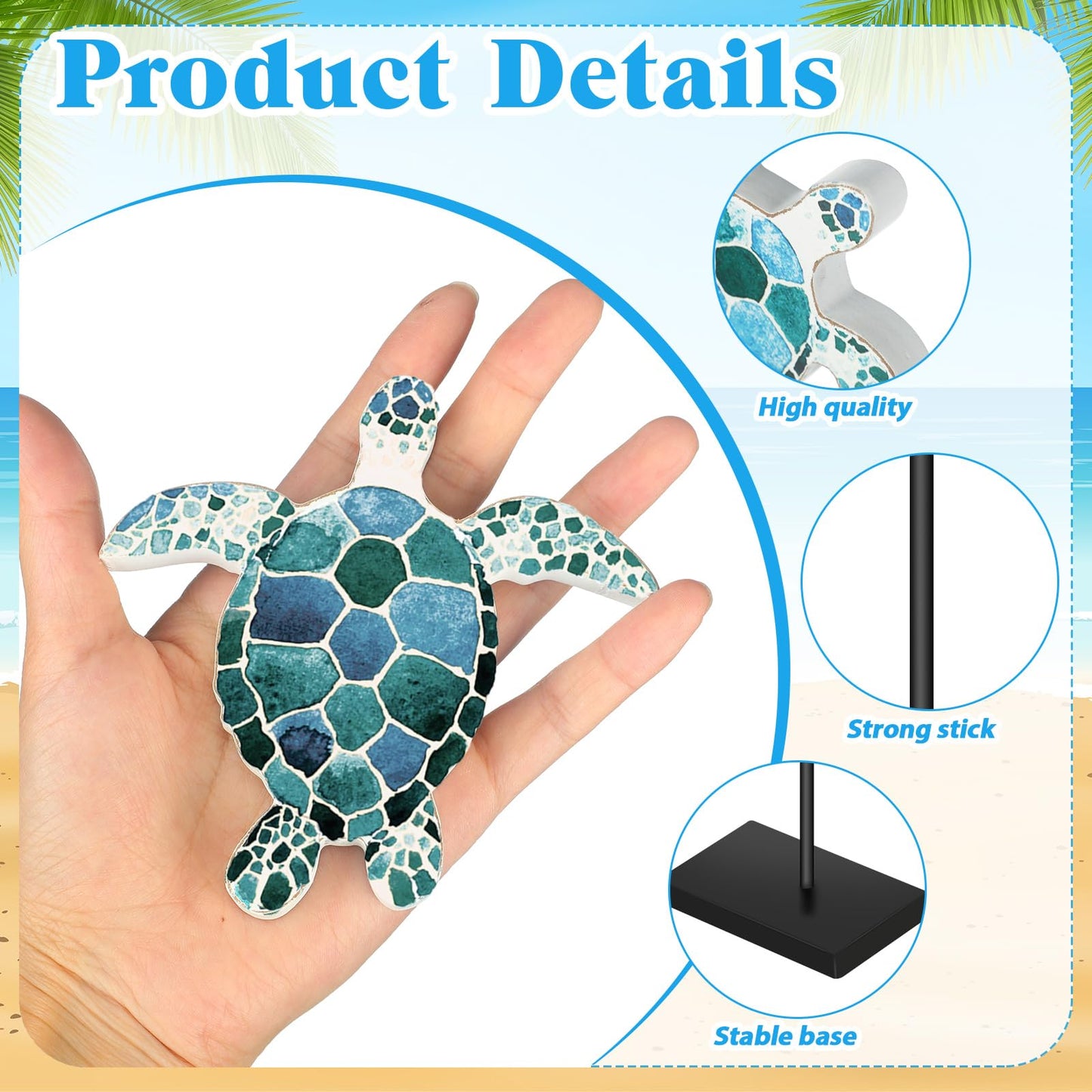 Tradder 3 Pcs Summer Ocean Tabletop Decor Standing Sea Turtle Starfish Seahorse Block Wooden Table Centerpiece Sign Coastal Beach Nautical Table Decor for Home Kitchen