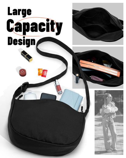 Small Sling Crossbody Bag for Women Men, Mini Crescent Bag with Adjustable Strap, 2 Zippers Lightweight Nylon Shoulder Waist Fanny Pack Belt Bag for School Sport Casual Travel Hiking Work, Black, Small, Causal