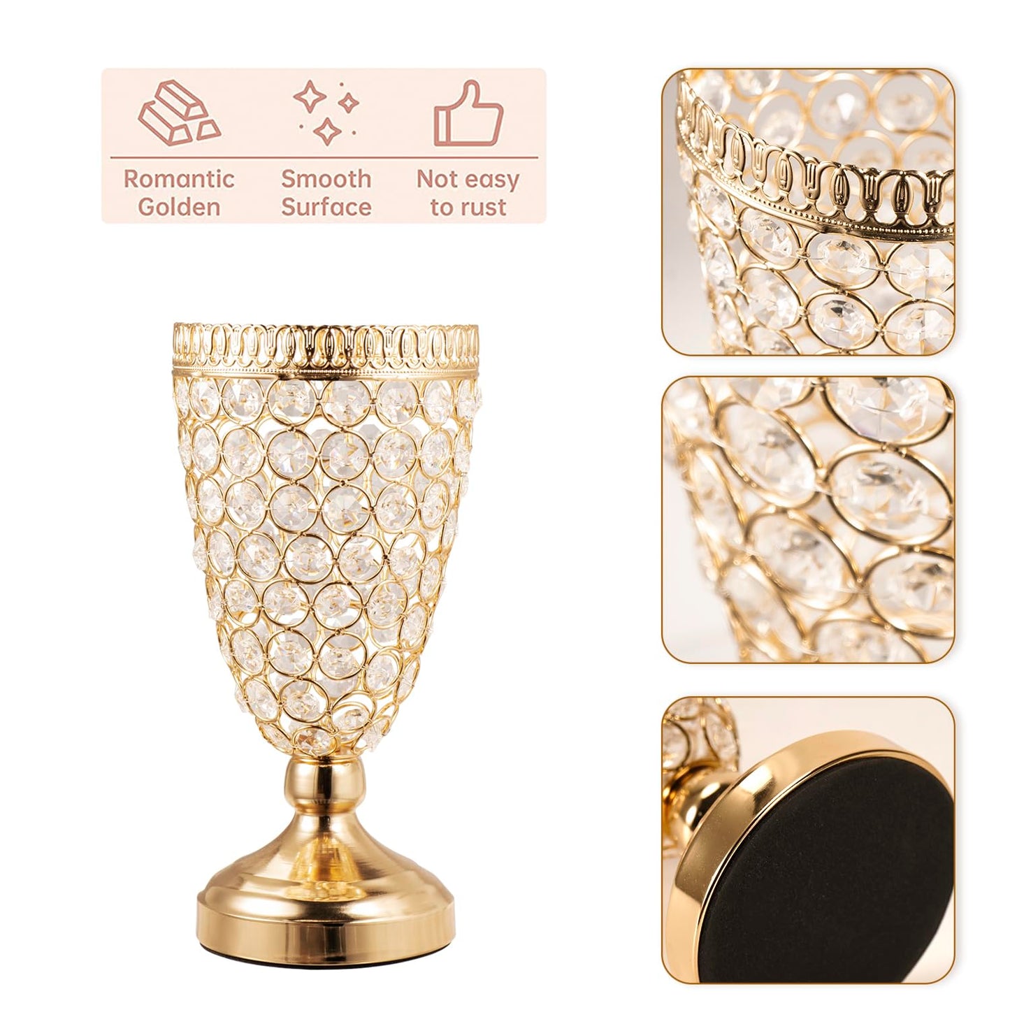 Gold Crystal Trumpet Floral Vase -2 Pcs Centerpieces for Wedding Table, 10.6" Wrought Iron Crystal Vase, Flower Vases for Party Dinner Centerpiece Event, Anniversary Ceremony Birthday Home Decoration