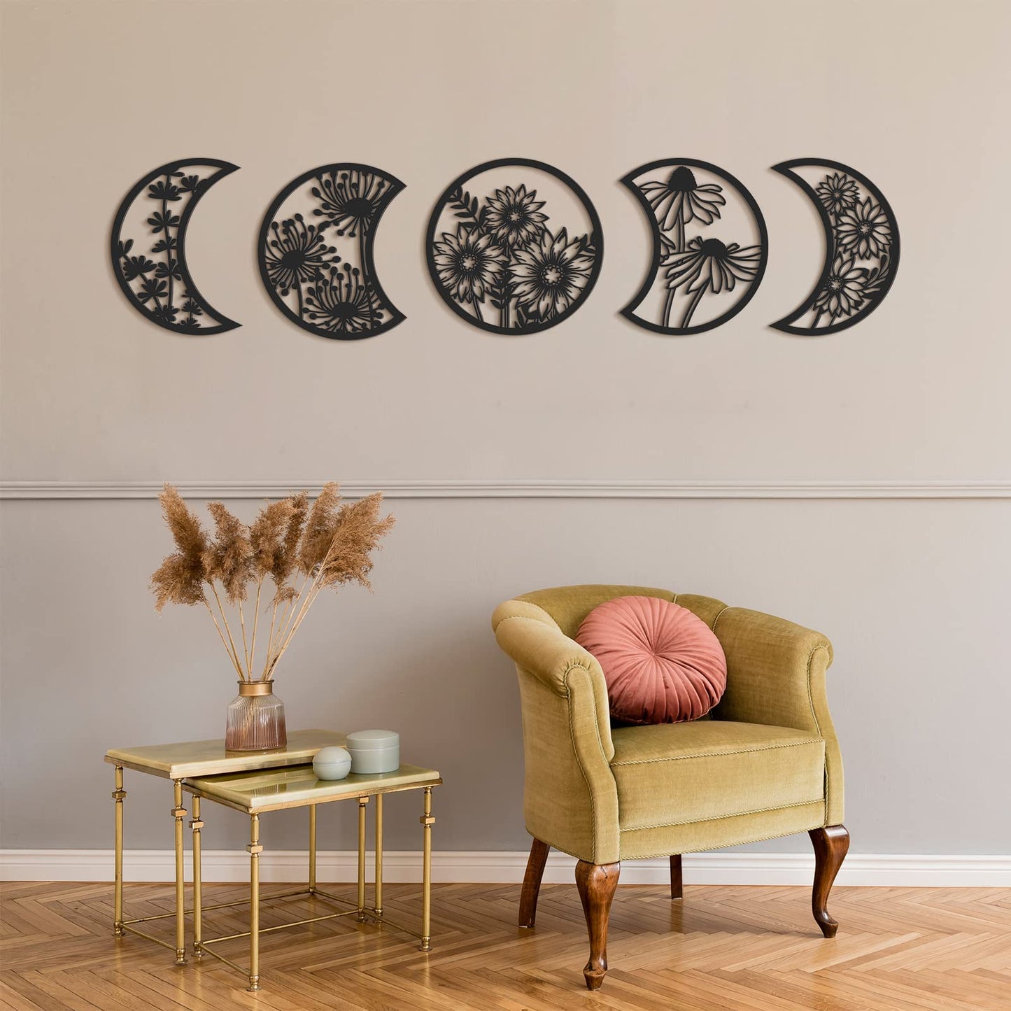 Jetec 5 Pcs Moon Phase Wall Hanging Decor Art Above Bed Boho Moon Phase Nordic Wood Wall Pediment Ornament for Living Room Bedroom Home Decoration Room Apartment Bar(Black)
