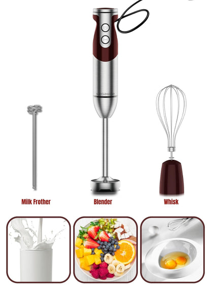 MegaWise Pro Titanium Reinforced 3-in-1 Immersion Corded Hand Blender, Powerful MOTOR with 80% Sharper Blades, 12-Speed Corded Blender, IncludingWhisk and Milk Frother (3-in 1 Red)