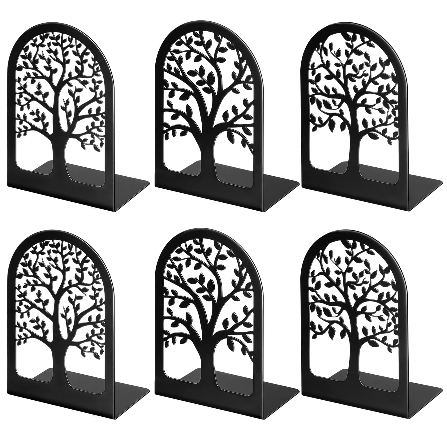 HappyHapi Book Ends, Metal Bookends for Shelves Decorative, Tree Stopper for Heavy Books, Black Ends to Hold Books for Home Office, 6.5 X 4.7 X 3.5 Inch(3 Pairs/6 Pcs, Large)