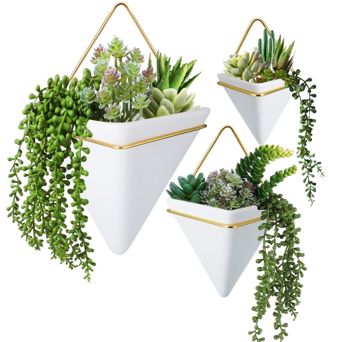 Rtteri 15 PCS Wall Hanging Planter Set with Artificial Succulents, 3 Ceramic Geometric Wall Planters in 3 Sizes, Modern Indoor Decor for Living Room Bathroom Office
