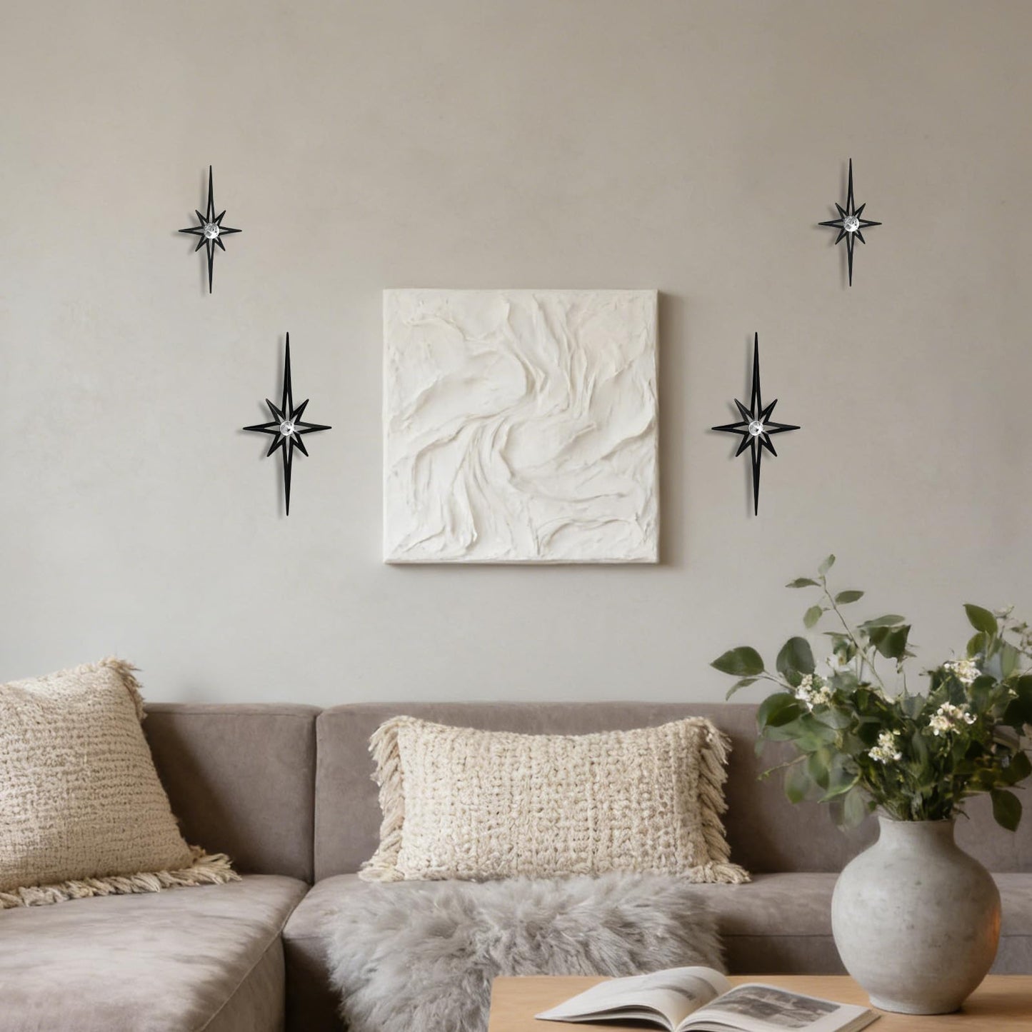 sxnzequnze 4 Pcs Star Wall Art for Home Decor Living Room Bedroom Office Metal 3D,Bling,with Hanging Hook Starburst Midcentury Sculpture Retro Gallery Accent Celestial -Black 16.5in/9.4in