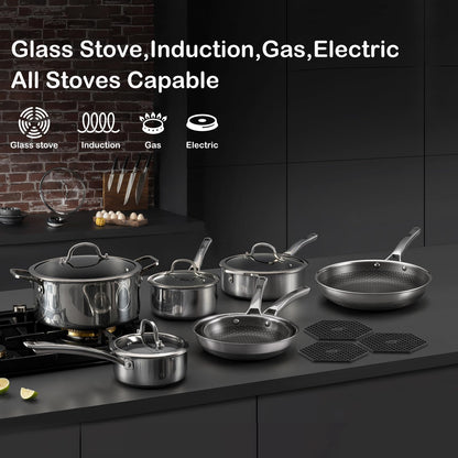SNOWCLAD Pots and Pans Set Non Stick, 14 Pcs Hybrid Stainless Steel Cookware Sets, Non Stick Frying Pans, Saucepans, Saute Pan & Stock Pot, PFOA Free Kitchen Skillet,Induction Compatible