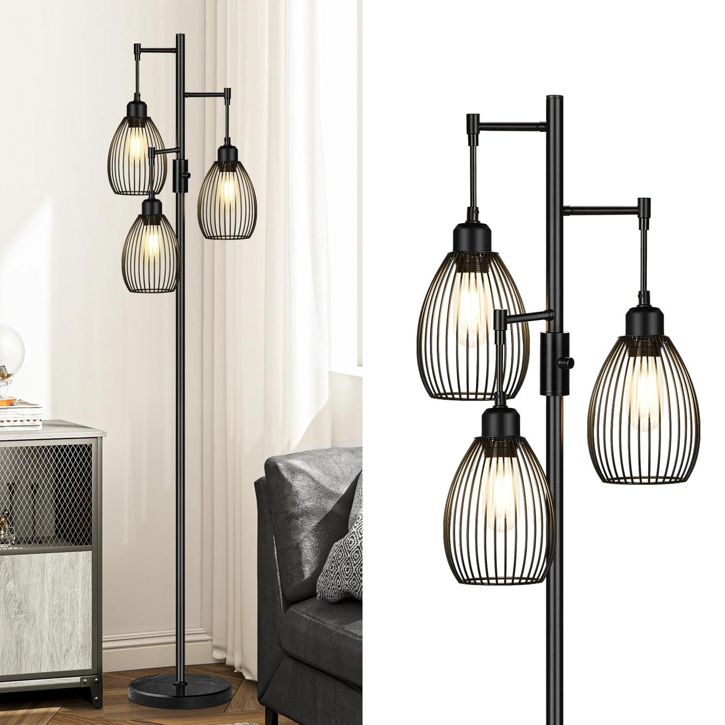 Torondo 70" Dimmable Floor Lamp with Marble Base, 3 x 800LM LED Edison Bulbs Included, Industrial Black Floor Lamps for Living Room, Rustic Tall Lamps Standing Lamp for Bedrooms Living Room