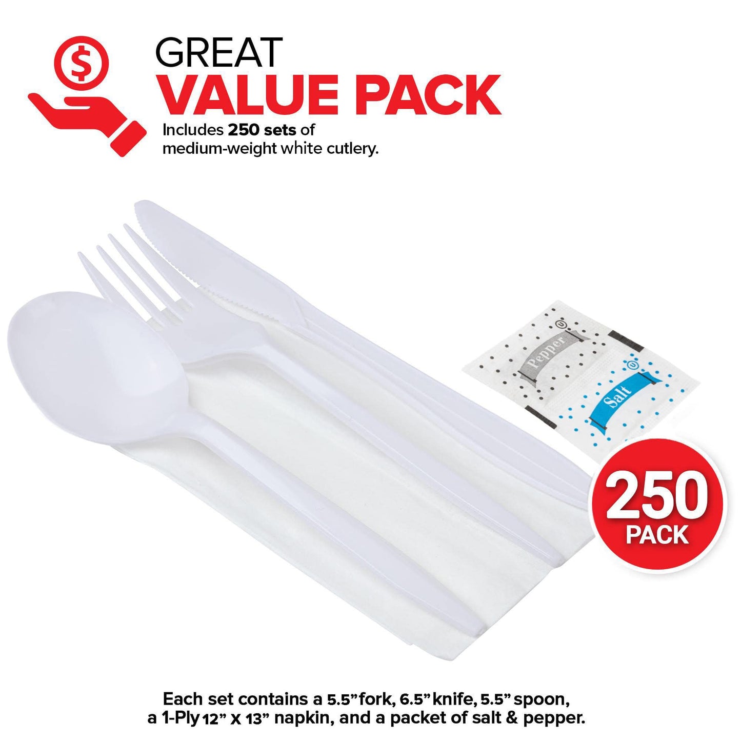 Individually Wrapped Plastic Cutlery Set with Napkin + Salt & Pepper Packets in White (250 Count) Prewrapped Disposable Silverware Bags, Bulk Utensils: Fork, Knife, and Spoon for Togo Eating