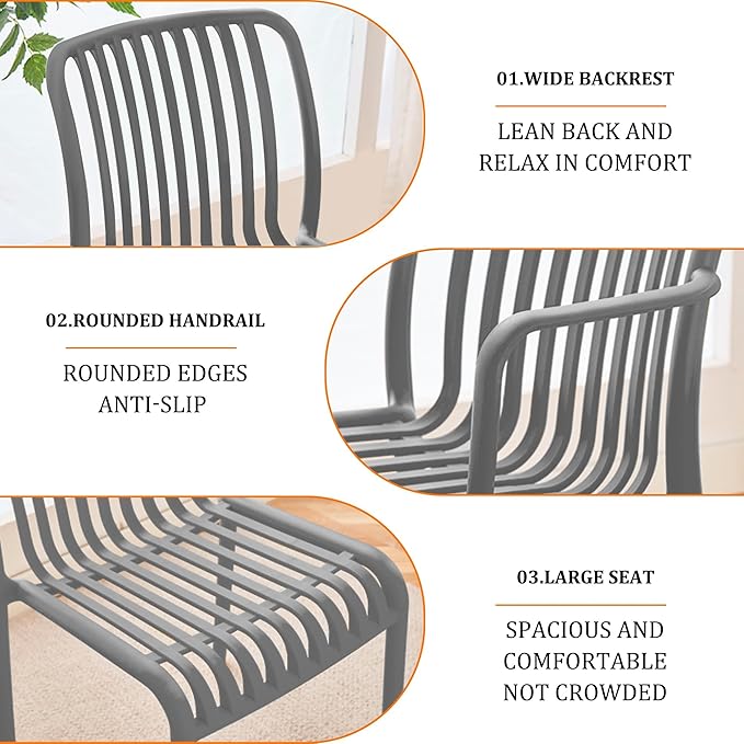 Patio Dining Chairs Set of 4, All-Weather Outdoor and Indoor Stackable Chairs with Curved Back, Waterproof for Patio, Deck, Porch, Backyard, Restaurant & Cafe Use, Grey