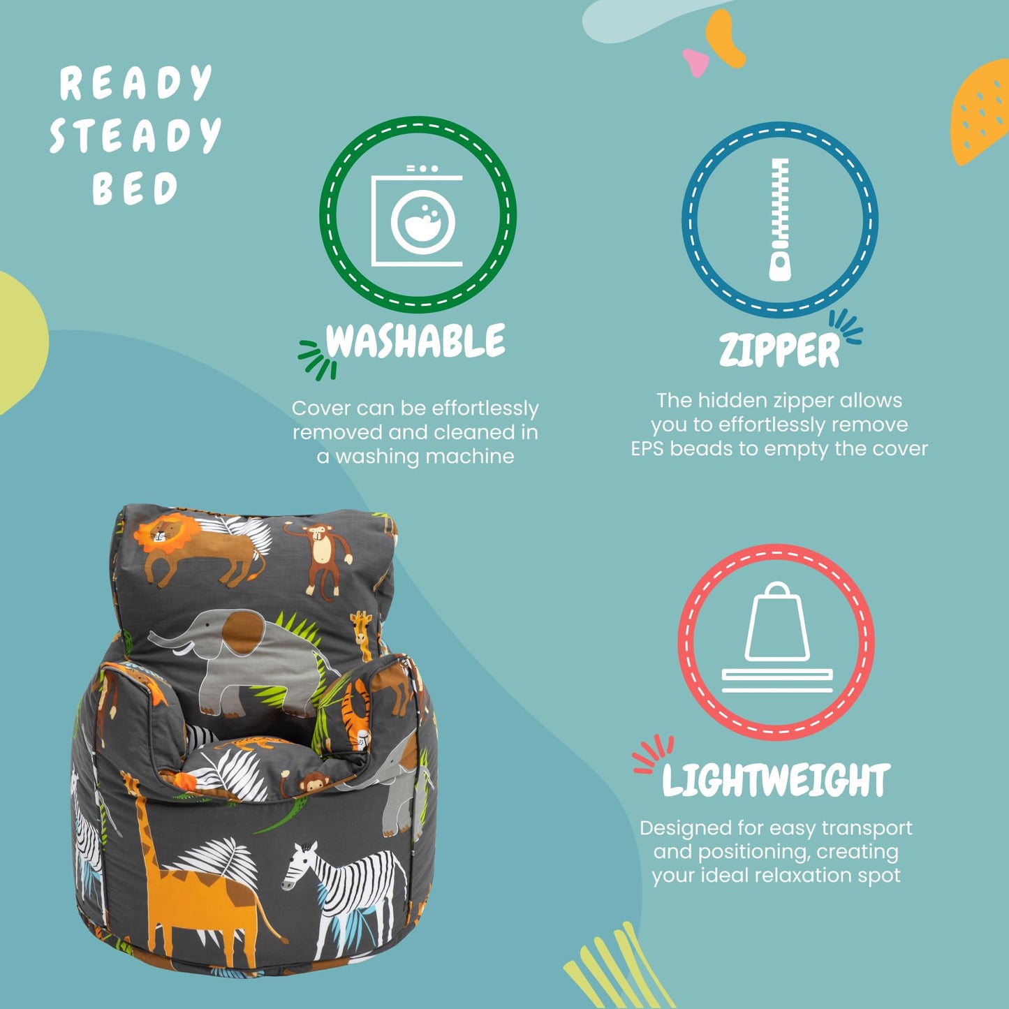 Ready Steady Bed Kids Toddler Armchair | Comfy Children Furniture | Soft Child Safe Seat Playroom Sofa | Ergonomically Designed Bean Bag Chair | Polyester, Cotton | Lightweight (Africa)