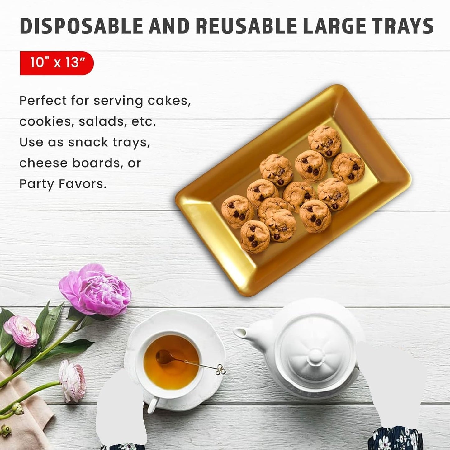 Yumchikel Plastic Serving Tray Set, Hard Plastic Serving Platters for Serving Food, Gold Serving Trays for Parties, Weddings, Food Trays for Party Buffet, Dessert Tables, 10" x 14", 6 Pack