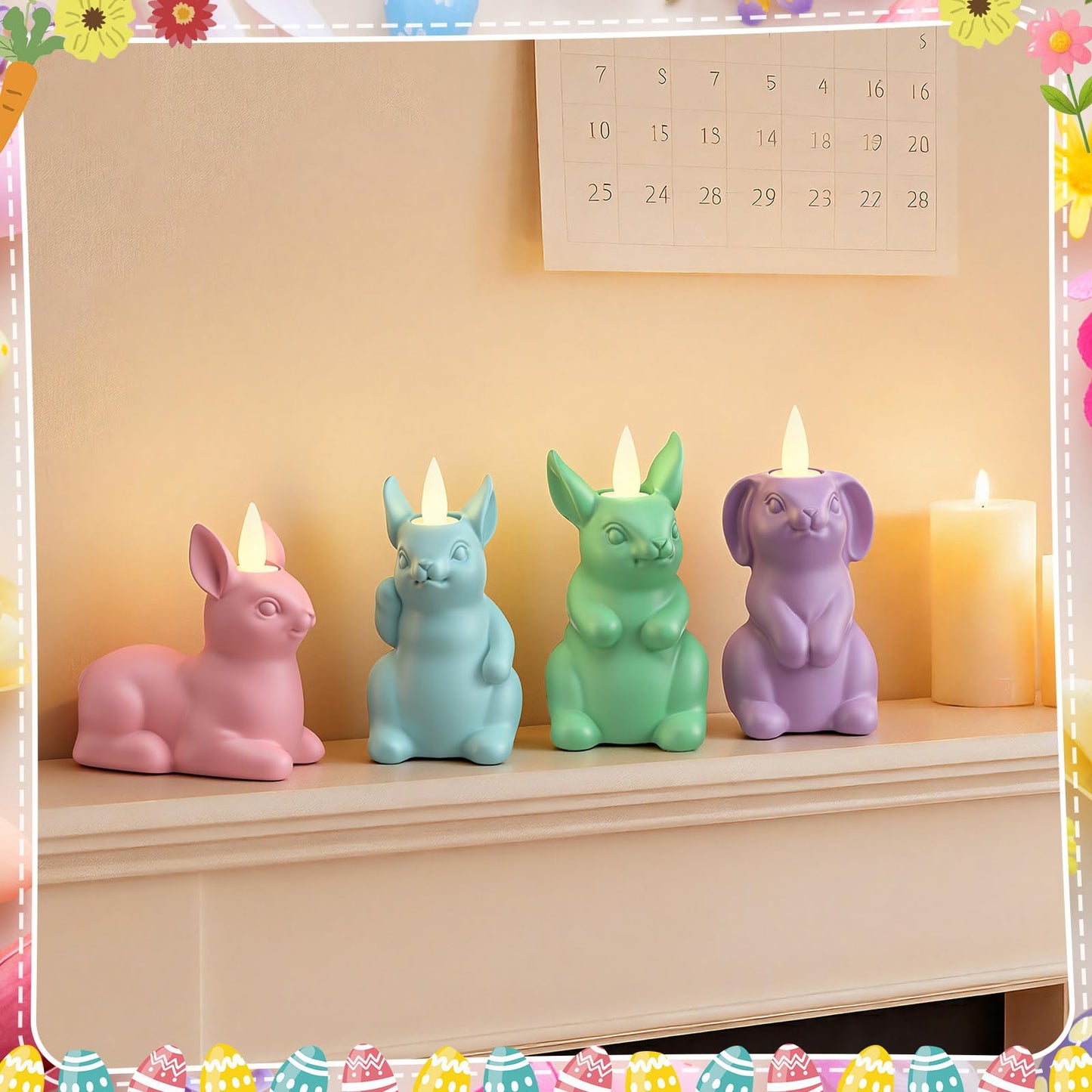 Bucherry 4 Pcs Easter Bunny Flameless Candle Light 7.5" LED Pastel Easter Rabbit Candles Battery Operated Spring Lighted Tealight Bunny Flickering Tea Light Gifts for Women Spring Home Table Decor