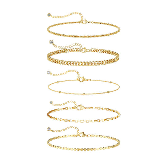 DEARMAY Gold Plated Chain Bracelets for Women Waterproof Dainty 14K Gold Jewelry Set Fashion Stackable Beaded Figaro Herringbone Link Bracelet Trendy Pack Stack Gifts