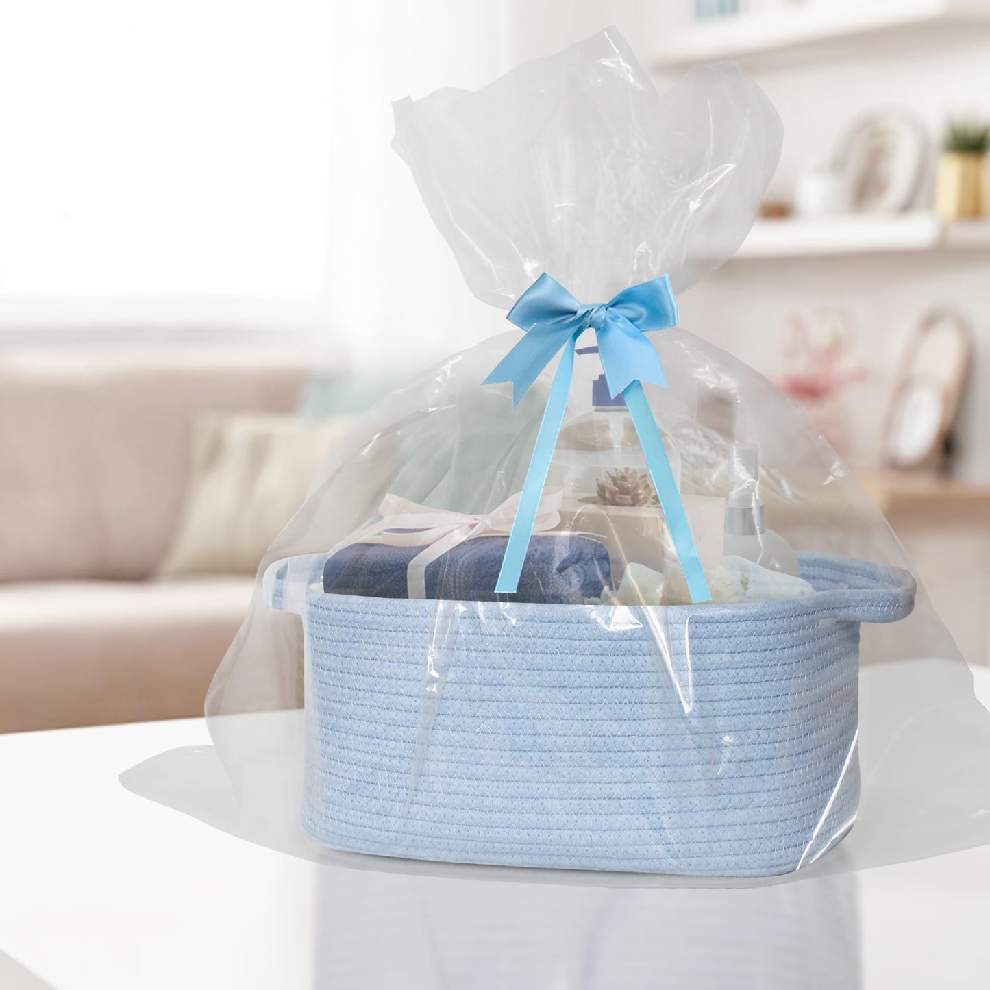 MEGASKET Blue Woven Basket, 13.5” x 10” x 6” Blue Empty Gift Basket to Fill, Decorative Cotton Rope Storage Bin for Organizing, Cute Baby Nursery Organizer, Rectangle Dog Toy Bin, Room Decor