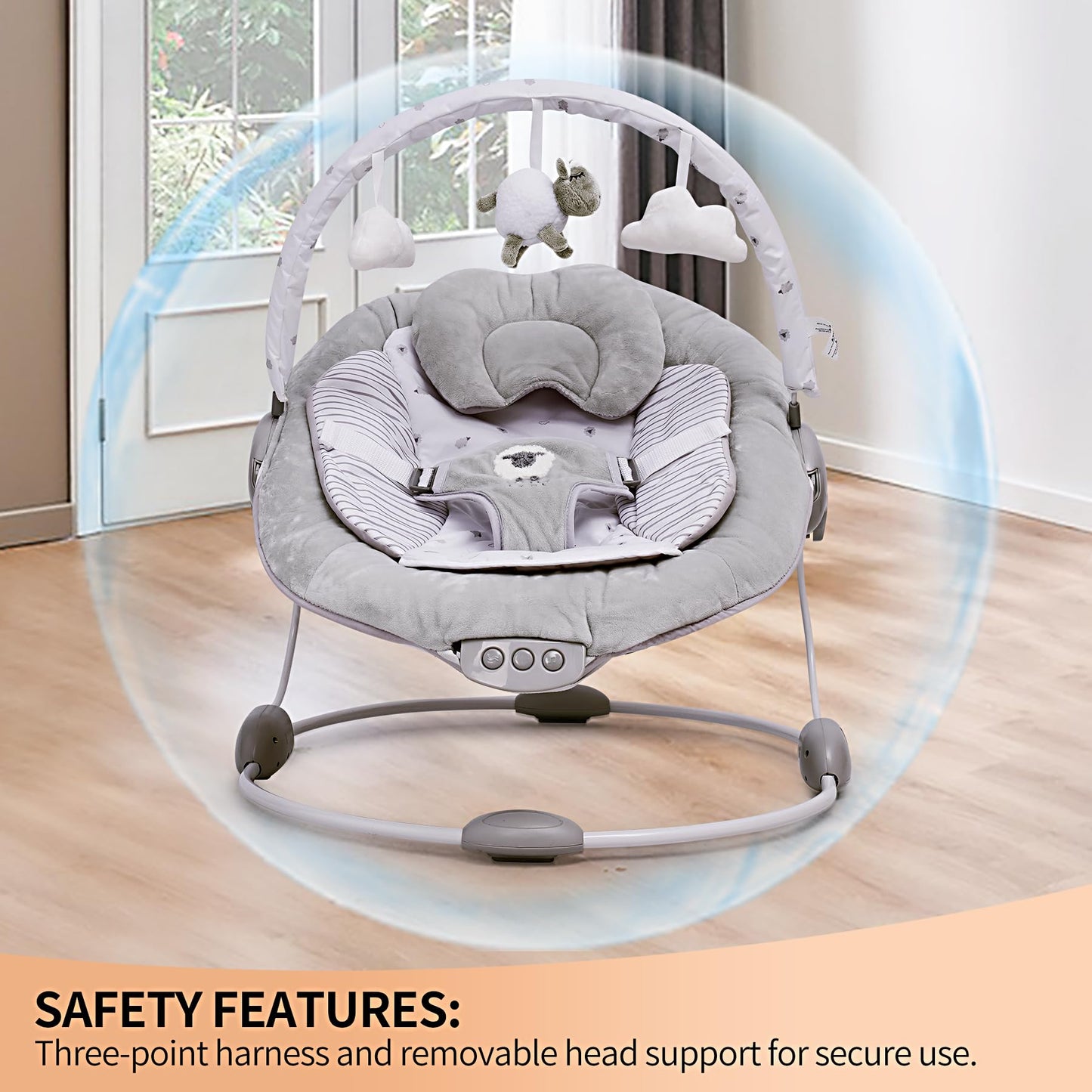 LADIDA Soft Padded Lamb Bouncer, Suitable for Newborns 0-6 Months, Soothing Music and Vibration
