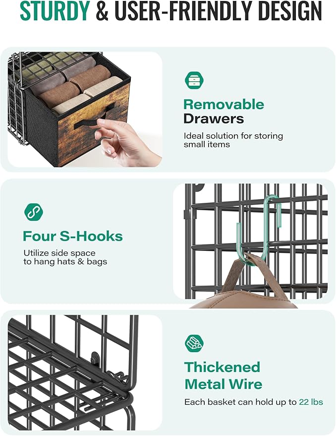 Hanging Closet Organizer with Drawers, 4 Tier Metal Closet Organizers and
