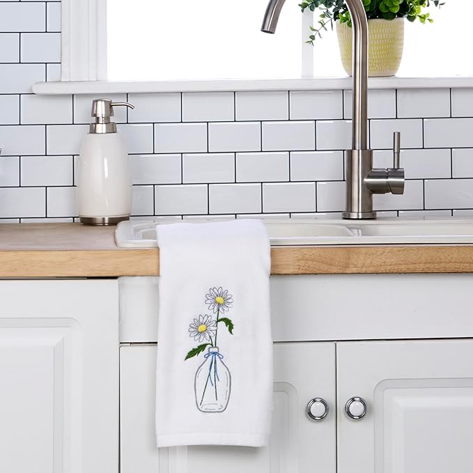 SKL Home Daisies in Vase 100% Cotton Embroidered 2pc Hand Towel Set, Decorative