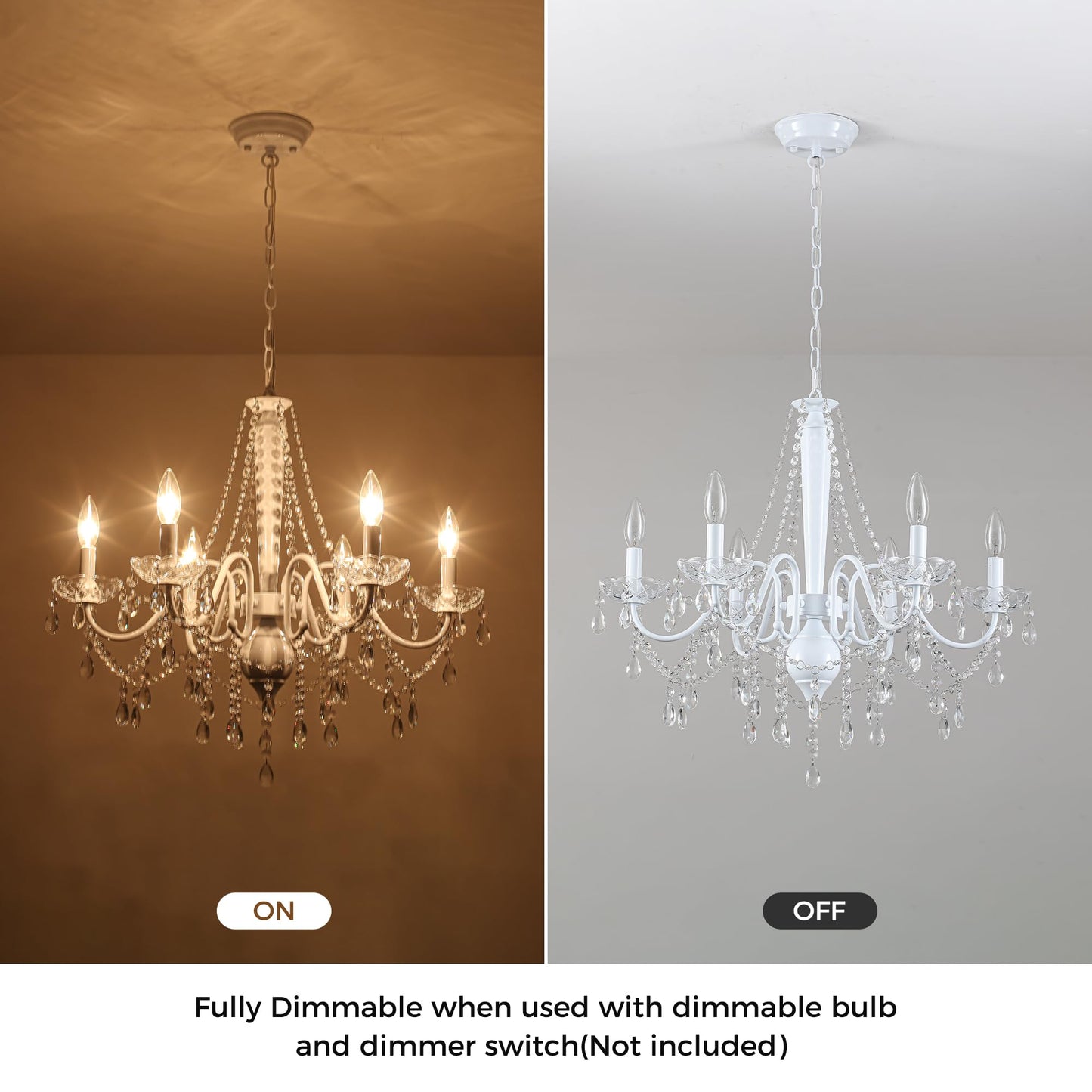 White Crystal Chandelier, 6-Light Modern Chandelier for Dining Room Light Fixture, Elegant Crystal Pendant Ceiling Light Fixture, 25" French Candle Chandelier for Bedroom Living Room Kitchen Entryway