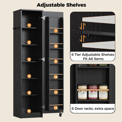 IRONCK Narrow Kitchen Pantry Storage Cabinet, 72" Slim Single Door with 6 Adjustable Shelves, Door Rack and Wheels, Space Saving Freestanding Storage Floor Cabinet for Small Place, Black