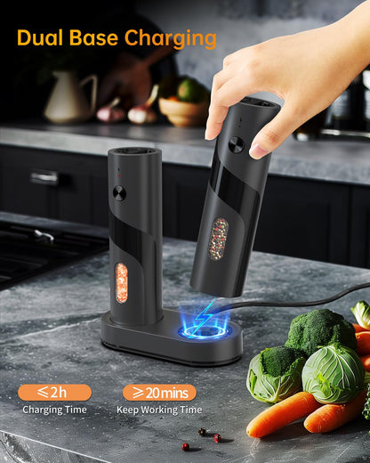 CIRCLE JOY Rechargeable Electric Salt and Pepper Grinder Set Automatic Pepper Mill Grinders with Charging Base, Adjustable Coarseness, 110ml Capacity and White LED Light, Black
